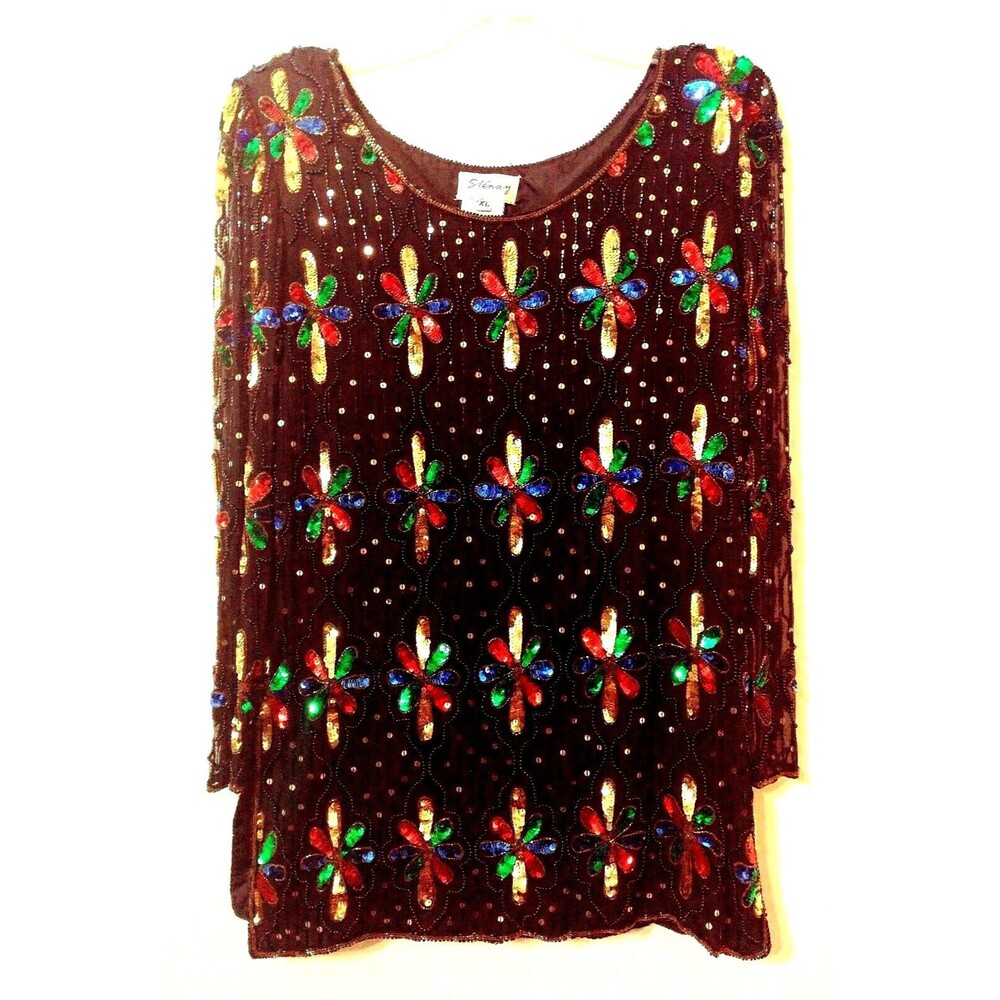 Vintage Stenay Sequin 1980s Womens Tunic XL Black Blouse Star Bead Silk Glam
